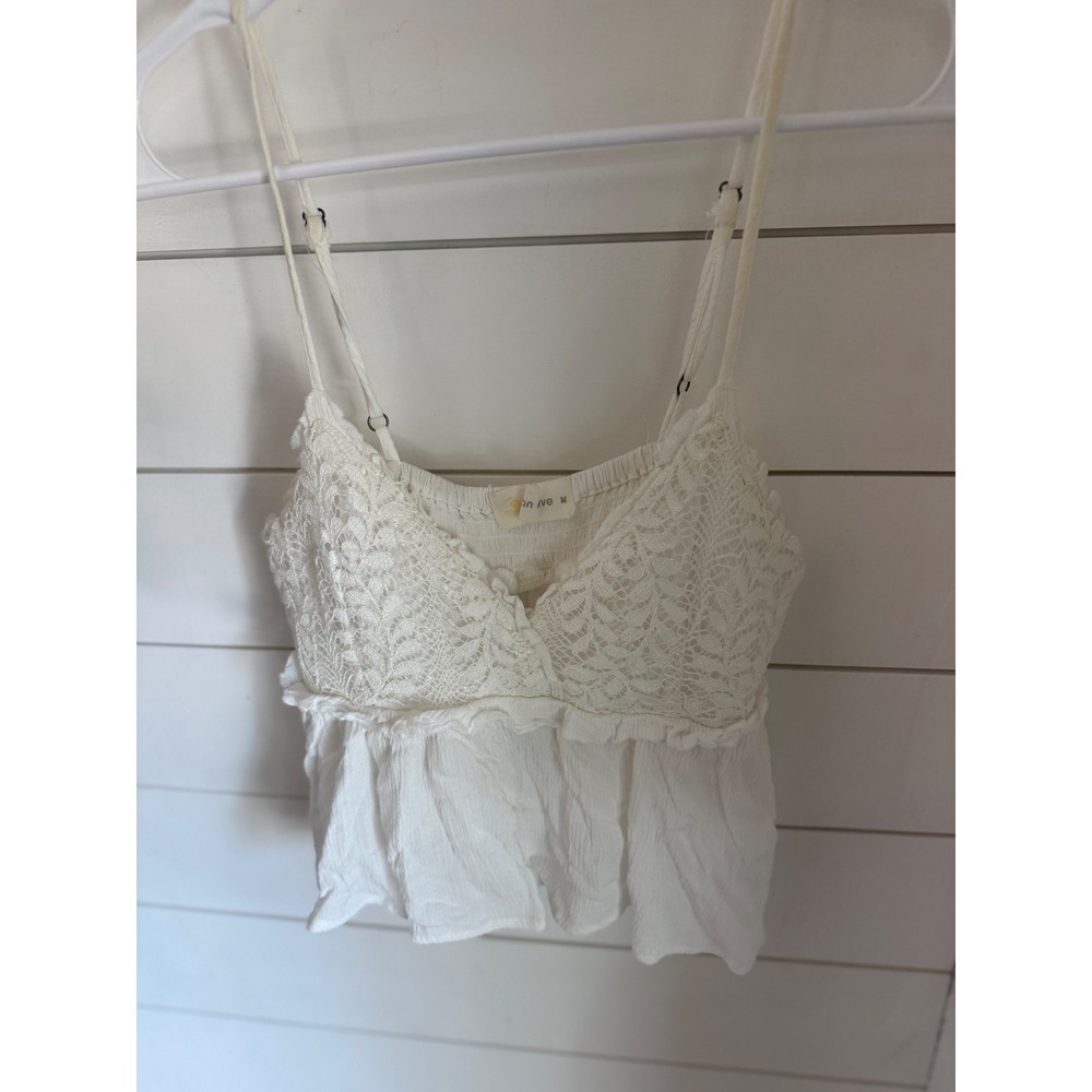 Oceandrive Cropped Boho Lace Eyelet‎ Ruffle Peplum Tank Top White Size Medium